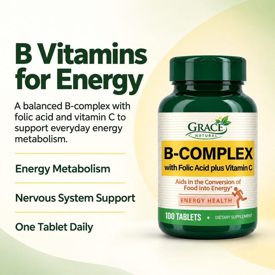 B-Complex with Folic Acid plus Vitamin C — 100 Tablets, Grace Natural, marketed and distributed by Grace Danez Resources