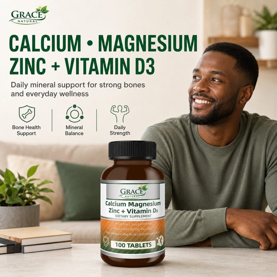 Grace Natural Calcium Magnesium Zinc with Vitamin D3 shown in a everyday home setting
