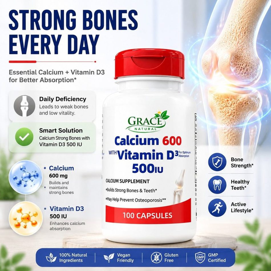 Grace Natural Calcium 600 with Vitamin D3 500 IU, 100 capsules