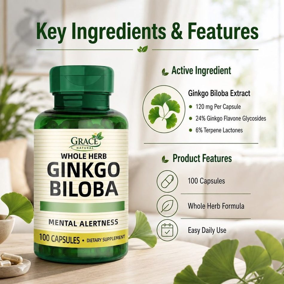Grace Natural Whole Herb Ginkgo Biloba pack information showing the active ingredient and the areas it supports