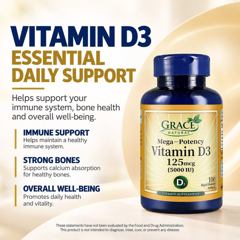Mega-Potency Vitamin D3 — 100 Rapid Release Softgels, Grace Natural, marketed and distributed by Grace Danez Resources