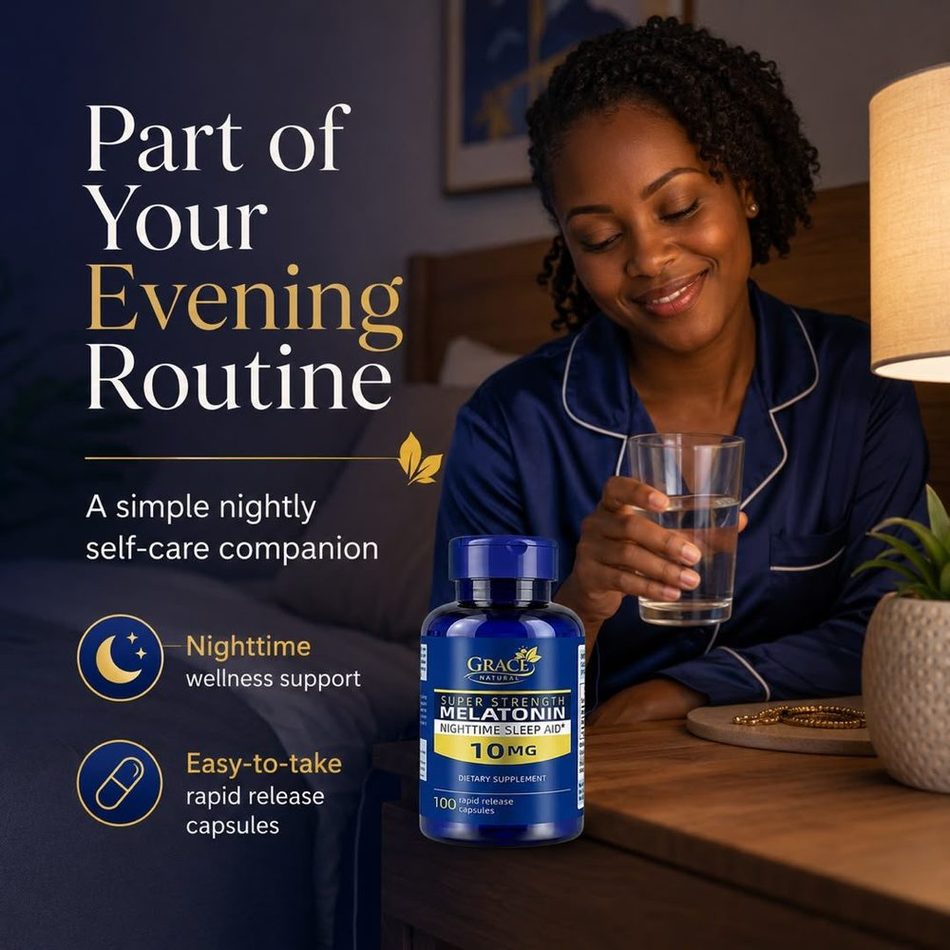 Super Strength Melatonin 10mg — 100 Rapid Release Capsules, Grace Natural, marketed and distributed by Grace Danez Resources