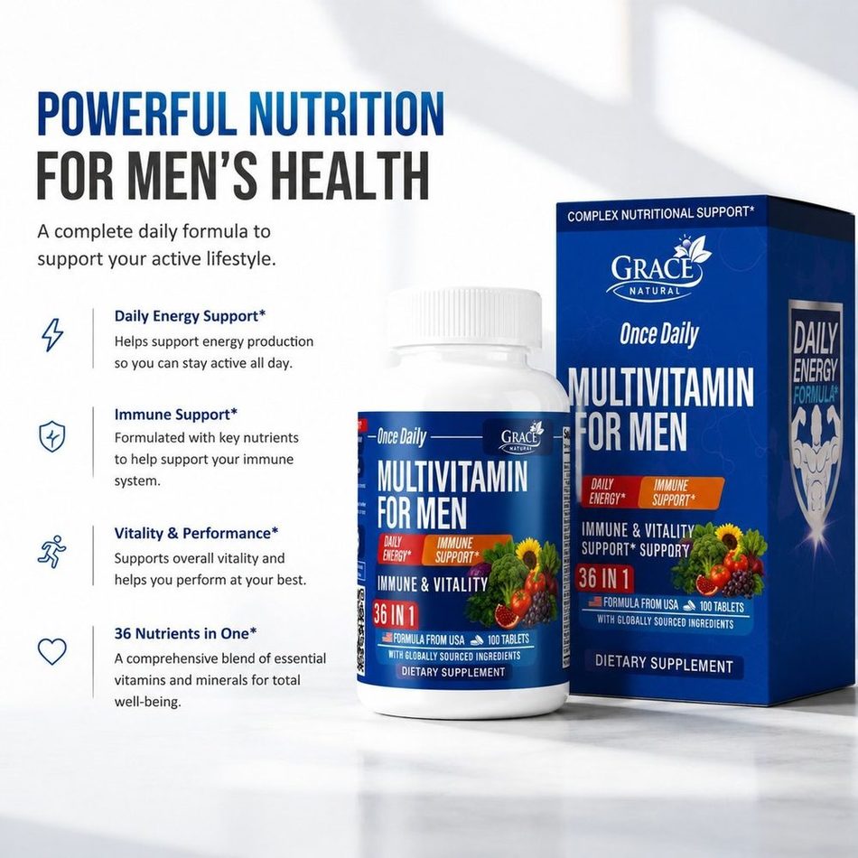 Grace Natural Multivitamin for Men, 36-in-1 nutrients, 100 tablets, shown in carton and bottle