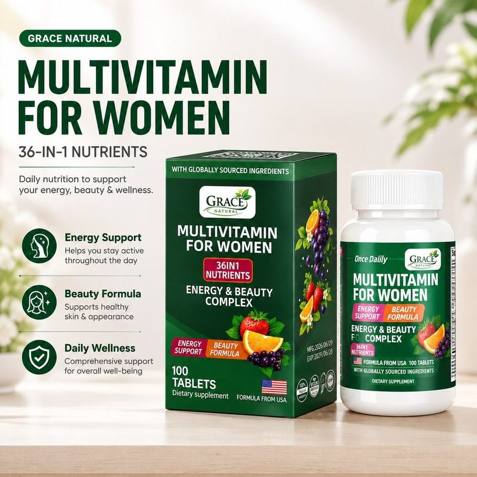 Grace Natural Multivitamin for Women, 36-in-1 nutrients, 100 tablets, shown in carton and bottle