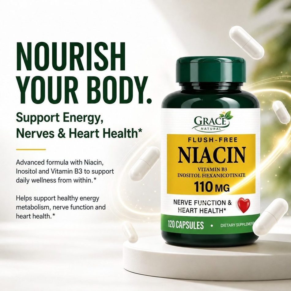 Flush-Free Niacin 110mg — 120 Capsules, Grace Natural, marketed and distributed by Grace Danez Resources