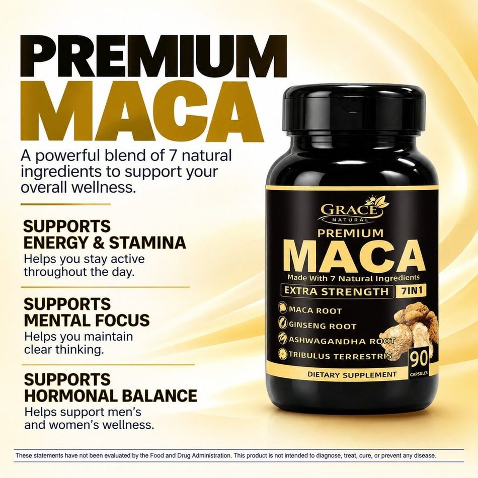 Premium Maca Extra Strength — 90 Capsules, Grace Natural, marketed and distributed by Grace Danez Resources