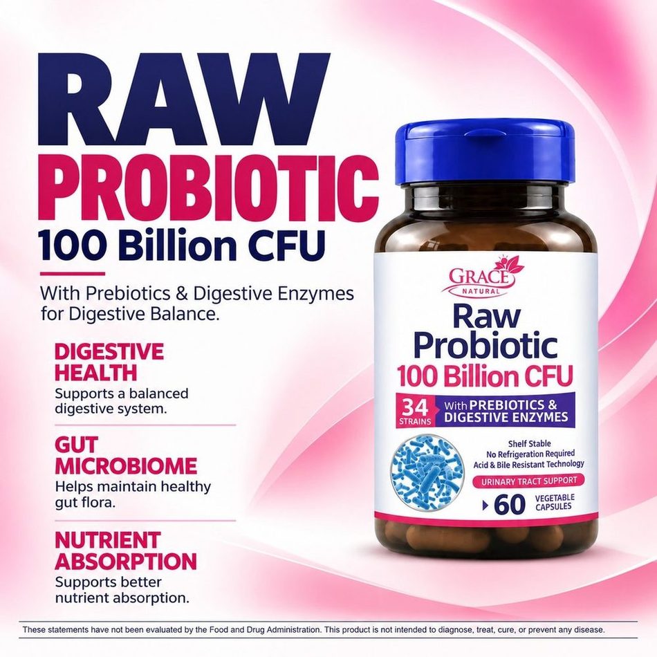 Raw Probiotic 100 Billion CFU — 60 Vegetable Capsules, Grace Natural, marketed and distributed by Grace Danez Resources
