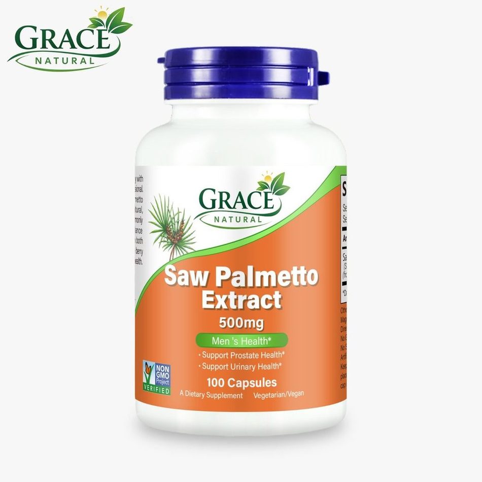 Saw Palmetto Extract 500mg — 100 Capsules, Grace Natural, marketed and distributed by Grace Danez Resources