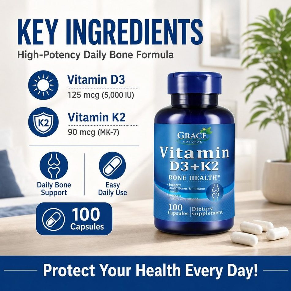 Grace Natural Vitamin D3 + K2, 100 capsules, key ingredients flyer