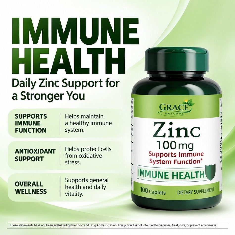 Grace Natural Zinc 100mg, 100 caplets, immune health