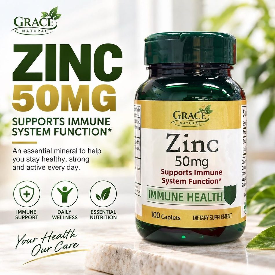 Zinc 50mg — 100 Caplets, Grace Natural, marketed and distributed by Grace Danez Resources